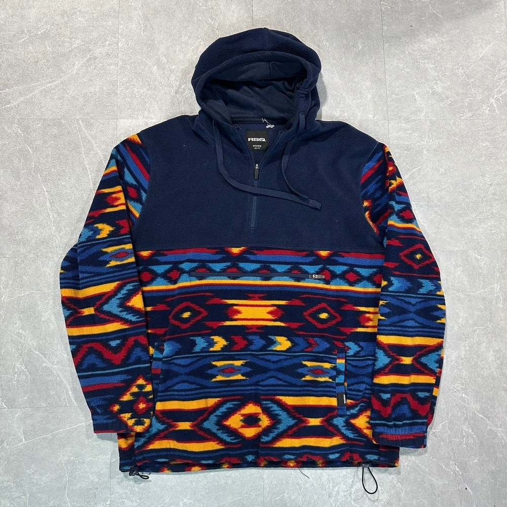 RSQ Mens Aztec Fleece Quarter Zip Hoodie Navy Blue Southwestern Pullover XL